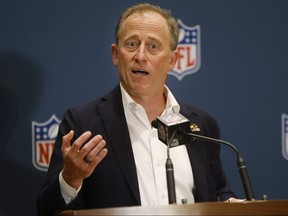 New Washington Commanders owner Josh Harris speaks with the media after the purchase of the NFL team was approved at a special meeting of owners in Bloomington Minn., on Thursday, July 20, 2023.