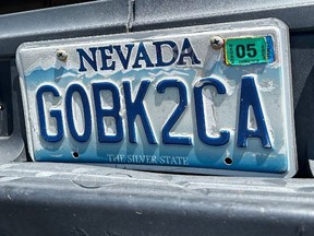 Screenshot of Nevada licence plate that reads "GOBK2CA," which translates to "Go back to California."