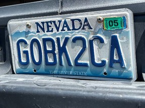 Screenshot of Nevada licence plate that reads "GOBK2CA," which translates to "Go back to California."