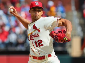 Jordan Hicks of the St. Louis Cardinals delivers a pitch against the Toronto Blue Jays in the eighth inning at Busch Stadium on April 1, 2023 in St Louis, Missouri.