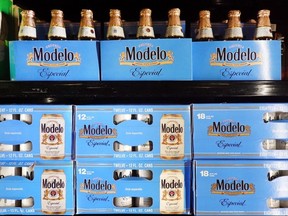 Modelo Especial beer is displayed for sale in a grocery store on June 14, 2023 in Los Angeles, California.
