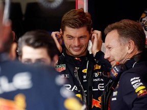 Red Bull Racing's Dutch driver Max Verstappen reacts in the pits before the sprint race ahead of the Formula One Belgian Grand Prix at the Spa-Francorchamps Circuit in Spa on July 29, 2023.