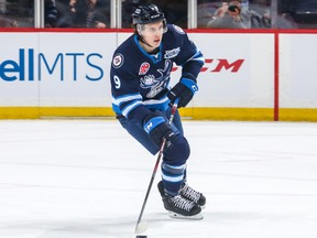 Winnipeg Jets prospect defenceman Leon Gawanke playing with the Manitoba Moose. The Winnipeg Jets have acquired defenceman Artemi Kniazev from the San Jose Sharks in exchange for blue liner Leon Gawanke.