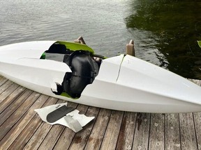 Boat operators charged after a boat smashed into this kayak in Rideau Lakes area Saturday