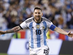 Argentina's Lionel Messi celebrates his goal during the international friendly football match between Argentina and Jamaica at Red Bull Arena in Harrison, New Jersey, on Sept. 27, 2022.