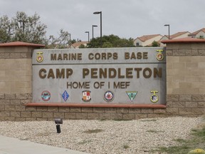 The entrance to Marine Corps base Camp Pendleton is seen on Sept. 22, 2015, in Oceanside, Calif.
