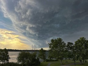 Storm clouds move across the sky as Environment Canada issued tornado warnings Thursday, July 13, 2023 in Montreal. Researchers at Western University say two tornados struck southern Quebec during a major thunderstorm last week.