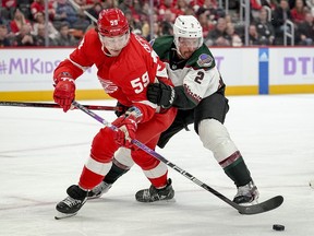 Tyler Bertuzzi of the Detroit Red Wings and Patrik Nemeth of the Arizona Coyotes fight for control of the puck at Little Caesars Arena on November 25, 2022 in Detroit.
