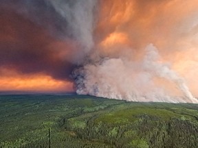 The Donnie Creek wildfire burns in an area between Fort Nelson and Fort St. John, B.C., in this undated handout photo provided by the BC Wildfire Service.