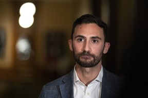 Ontario Education Minister Stephen Lecce speaks to journalists at Queen's Park in Toronto, Sunday, Nov. 20, 2022.