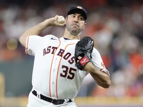 Justin Verlander of the Houston Astros pitches during the World Series in 2022.