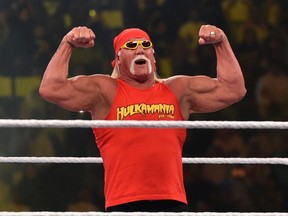 Wrestling legend Hulk Hogan greets the crowd during the WWE Crown Jewel pay-per-view at the King Saud University Stadium in Riyadh in 2018.