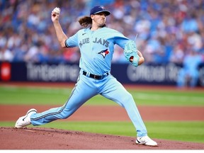 Kevin Gausman of the Toronto Blue Jays delivers in the first inning against the Philadelphia Phillies at Rogers Centre on August 16, 2023 in Toronto, Ontario, Canada.