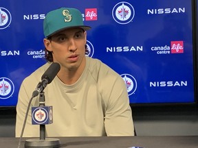 Winnipeg Jets defenceman Brenden Dillon speaks to the media at the end of the season.