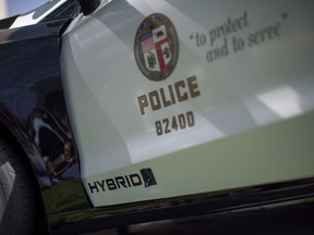 A hybrid police car is seen at Los Angeles Police Department headquarters on April 10, 2017 in Los Angeles, California.