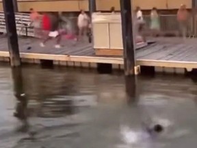 Screen grab of teen in water swimming towards fight on dock.
