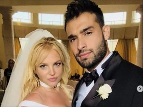 Britney Spears and Sam Asghari are pictured in a wedding portrait posted on her Instagram account.