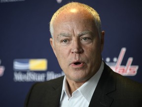 FILE - Washington Capitals senior vice president and general manager Brian MacLellan talks to the media during media day at an NHL hockey training camp, Thursday, Sept. 22, 2022, in Arlington, Va. The Washington Capitals have promoted Brian MacLellan to president of hockey operations to go along with his general manager duties. MacLellan had been the team's vice president and GM.