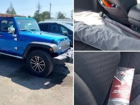 Images released by OPP of a blue Jeep stocked with golf balls after police nabbed an allegedly impaired driver golfing on Hwy. 401 in Toronto.