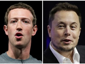 This combo of file images shows Facebook CEO Mark Zuckerberg, left, and Tesla and SpaceX CEO Elon Musk.
