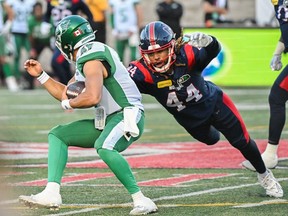 Montreal Alouettes' Bryce Notree (44) makes a tackle on Saskatchewan Roughriders quarterback Mason Fine during first half CFL football action in Montreal, Friday, August 11, 2023.