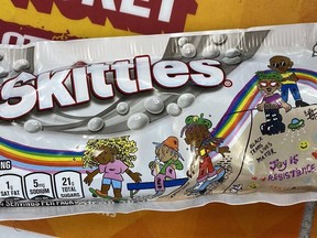 Skittles package that reads "Joy is resistance" and "Black trans lives matter."