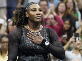 FILE - Serena Williams acknowledges the crowd after losing to Ajla Tomljanovic, of Austrailia, during the third round of the U.S. Open tennis championships, Friday, Sept. 2, 2022, in New York. Williams played in her last tournament at the 2022 U.S. Open. This year's tournament begins at Flushing Meadows on Aug. 28.