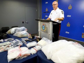 Insp. Elton Hall of the organized crime unit speaks about recent drug seizures, at Winnipeg Police Service headquarters, on Thurs., Aug. 24, 2023. KEVIN KING/Winnipeg Sun