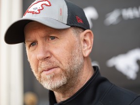 Calgary Stampeders head coach Dave Dickenson speaks with media before a game against the Toronto Argonauts at McMahon Stadium on Aug 3, 2023.