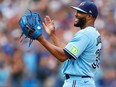 Jay Jackson of the Toronto Blue Jays reacts after the final out against the Washington Nationals at Rogers Centre.