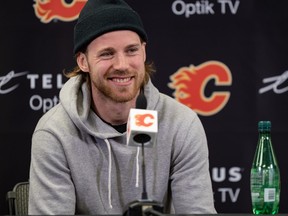 Calgary Flames Elias Lindholm speaks with the media.