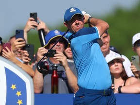 Rory McIlroy of Team Europe tees off on the 11th hole during a practice round prior to the 2023 Ryder Cup.