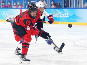Forward Brianne Jenner (19) in action for Canada against the United States during the 2022 Olympic gold-medal game at Beijing.