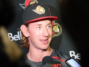 Jake Sanderson speaks to the media on Thursday, the day after he agreed to an eight-year contract extension worth $64.4 million.