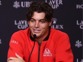 Taylor Fritz of Team World speaks at a press conference after defeating Andrey Rublev of Team Europe during day two of the Laver Cup at Rogers Arena on September 23, 2023 in Vancouver, British Columbia.