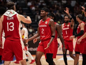 Canada's Shai Gilgeous-Alexander (C) reacts during the FIBA Basketball World Cup group L match between Spain and Canada at Indonesia Arena in Jakarta on September 3, 2023.
