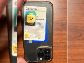 The cellphone dropped by an alleged shoplifter, complete with California driver's license.