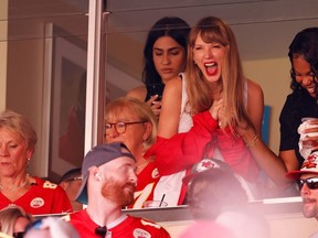 Taylor Swift reacts during a game between the Chicago Bears and the Kansas City Chiefs at GEHA Field at Arrowhead Stadium on September 24, 2023 in Kansas City.