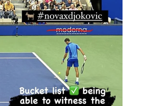 Aaron Rodgers put a goat emoji next to the hashtag "novaxdjokovic" and also put a line through a photo of the logo for Moderna, one of the companies that manufactures COVID-19 vaccines.