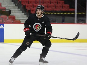 Tyler Kleven skates during Thursday’s rookie team practice at the Canadian Tire Centre. The 21-year-old defenceman physically dominated in eight games with the Senators last season.