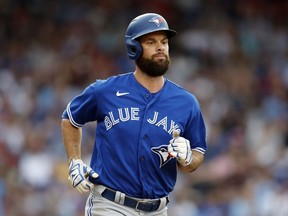 Toronto Blue Jays' Brandon Belt plays against the Boston Red Sox during the eighth inning of a baseball game, Saturday, Aug. 5, 2023, in Boston. First baseman and designated hitter Belt has been reinstated from the 10-day injured list by the Toronto Blue Jays.