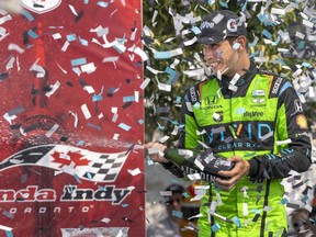 Christian Lundgaard sprays champagne after winning the 2023 Honda Indy in Toronto, Sunday, July 16, 2023. The Honda Indy Toronto will return in 2024. The only IndyCar race in Canada is one of 17 races on the 2024 series schedule.