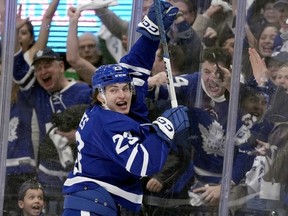 Toronto Maple Leafs left wing Matthew Knies celebrates his goal during second period, second round, game one, NHL Stanley Cup hockey action against the Florida Panthers, in Toronto, Tuesday, May 2, 2023.