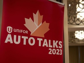 Signage for Unifor's auto talks is shown in Toronto on Thursday, Aug. 10, 2023.