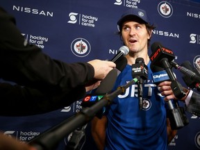 Mark Scheifele speaks with media at Winnipeg Jets training camp on Thurs., Sept. 21, 2023. KEVIN KING/Winnipeg Sun