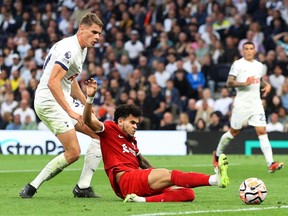 Luis Diaz of Liverpool misses a chance during the Premier League match against Tottenham Hotspur.