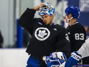 Toronto Maple Leafs goalie Ilya Samsonov stands during training camp.