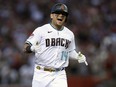 Gabriel Moreno of the Arizona Diamondbacks rounds the bases after hitting a home run in the third inning against the Los Angeles Dodgers.