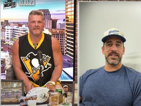 Pat McAfee and Aaron Rodgers during a segment on The Pat McAfee Show.