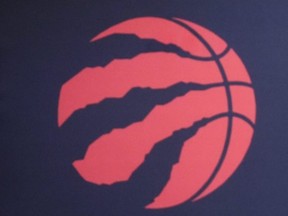 Toronto Raptors logo on a barrier in Toronto, Ont.